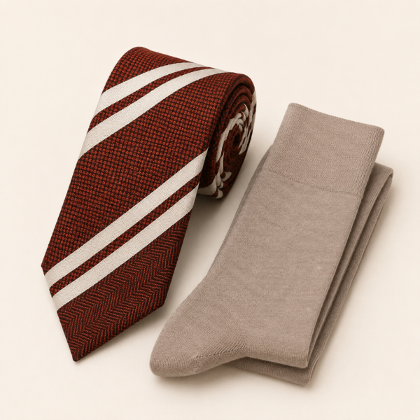Italian Style Brown and White Striped Tie Set - 1