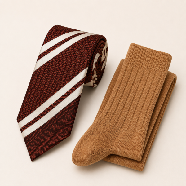 Italian Style Brown and White Striped Tie Set - 2