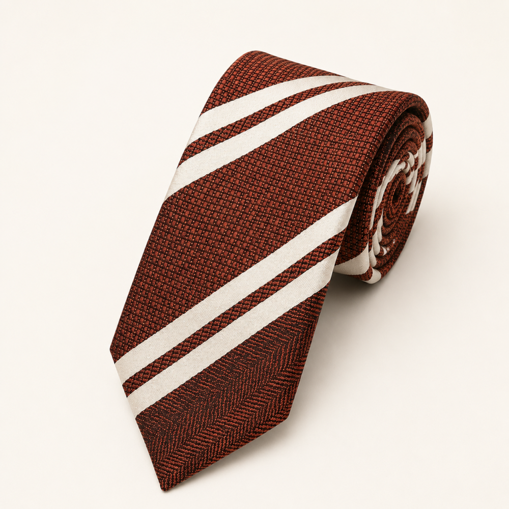 Italian Style Brown and White Striped Tie Set - 1
