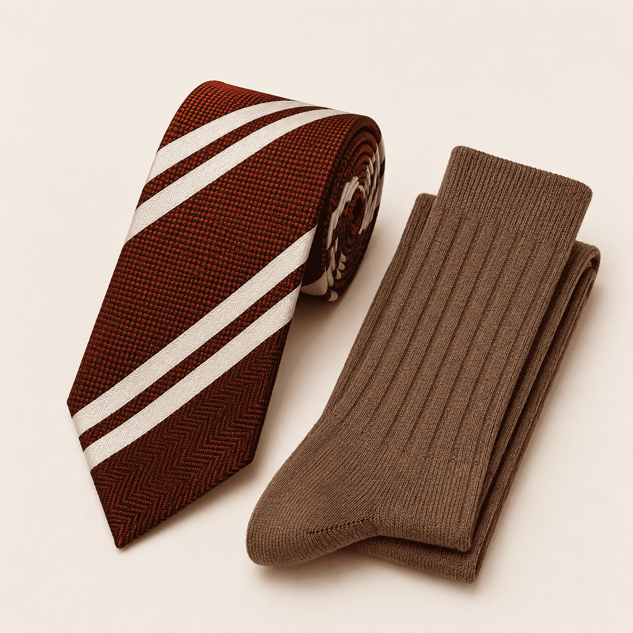 Italian Style Brown and White Striped Tie Set - 3